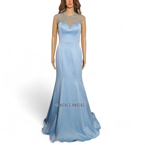 La Femme Rhinestone Mermaid Prom Dress Illusion Mesh Cap Sleeve Gown Size 8 - Picture 2 of 13